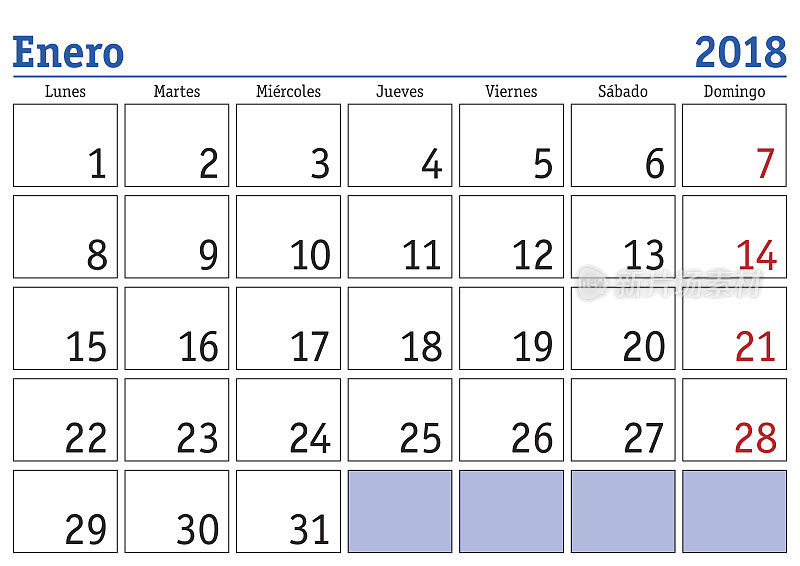 Enero 2018墙日历西班牙语